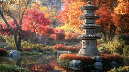 Autumnal Japanese Garden with Stone Pagoda and Colorful Fall Foliage