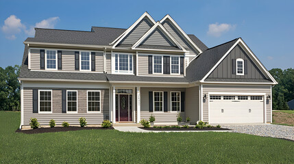 Two Story Gray Stone House with Green Lawn