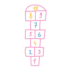 Hopscotch game isolated on white background. Children playground outdoor entertainment. Vector chalk drawn illustration.