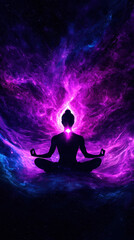 Fototapeta premium Universal energy, Inner energy connection. Meditative figure surrounded by vibrant cosmic colors and light.