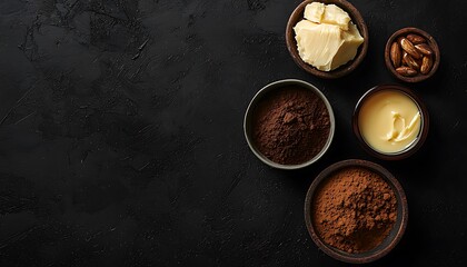 Cocoa butter skincare products shown on a black background from above, ideal for organic beauty product branding
