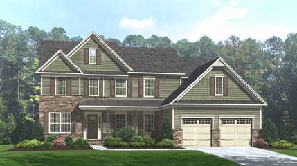 Two Story Green and Brown House with Stone Exterior and Landscaping