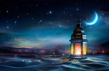 Ramadan Kareem - Arabic Lantern With Crescent Moon - Abstract Magic Bokeh Lights On Background