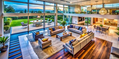 Fototapeta premium Drone View: Luxurious Modern Home, Open Plan Living, Architectural Design, Spacious Interior, Sunlight