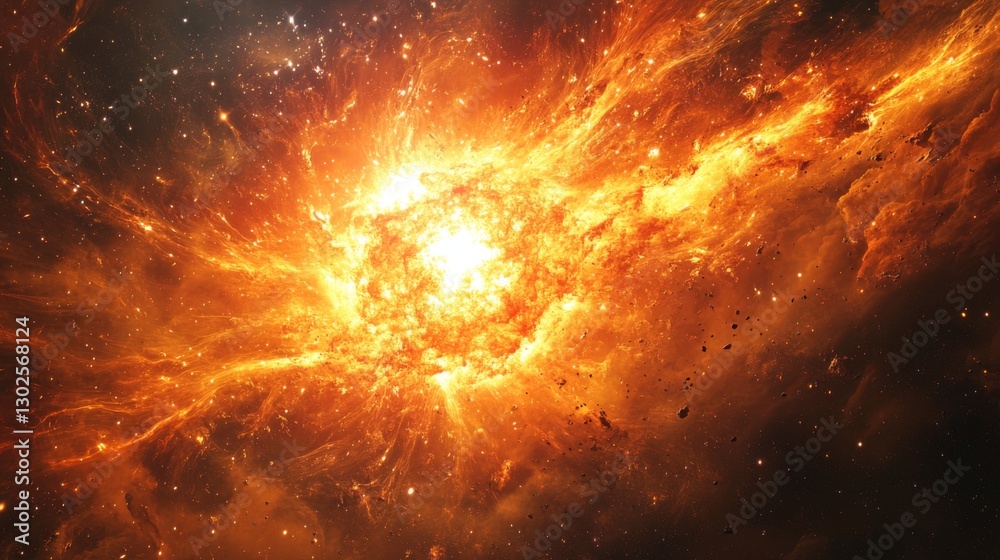 Wall mural bright orange nebula with stars. glowing cosmic cloud exploding in the universe. galaxy background. 