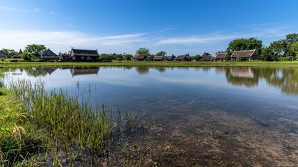 Fototapeta premium Serene reflection of traditional thai architecture in sukhothai thailand landscape tranquil waters natural beauty