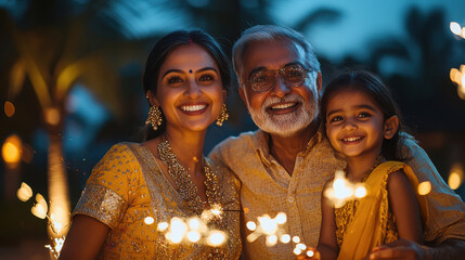 happy indian family looking fireworks and celebrating diwali festival