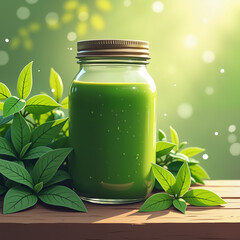 Green smoothie jar surrounded by fresh green leaves