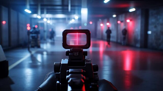 Close-up of a rifle's red dot sight in a dimly lit training facility with personnel in the background