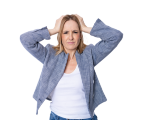 Upset young business woman standing isolated over transparent background. PNG transparent