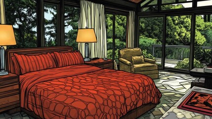 Cozy Bedroom with Red Bedding and Large Windows Overlooking Nature