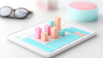 colorful 3D bar chart on tablet screen, with glasses nearby