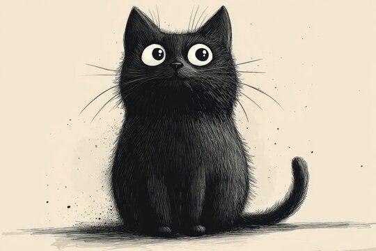 Cute Black Cat with Big Eyes Sitting Against a Plain Background