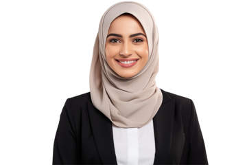Arab businesswoman on transparent background – Professional Muslim woman in hijab and corporate attire – Ideal for business, entrepreneurship, finance, marketing, leadership, and modern workplace.