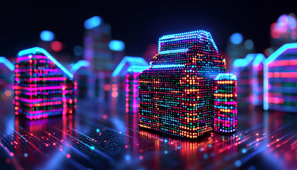 Futuristic cityscape with vibrant neon lights and digital elements
