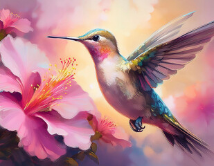 Naklejka premium Colorful Hummingbird with Flowers
