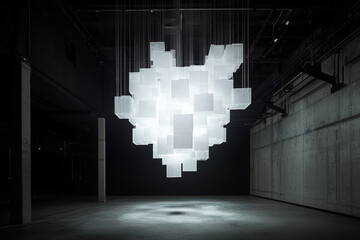 glowing geometric puzzle floats in dark room, creating mysterious ambiance