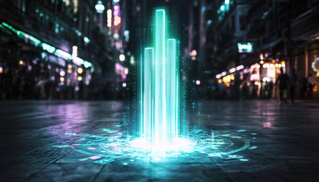 glowing bar graph rises from ground in digital cityscape at night