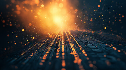 Obraz premium Abstract representation of a glowing pathway formed by words or text, leading toward a vibrant light source. The composition blends elements of technology, energy, and mystery, creating a futuristic 