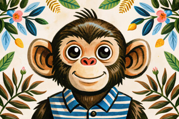 monkey portrait in funny floral background abstract cartoon illustration