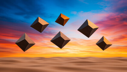 Surreal landscape of floating geometric islands in vibrant sunset sky