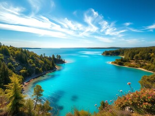 Fototapeta premium lake and forest. sea, water, beach, landscape, coast, sky, island, nature, ocean, travel, summer, view, lake, tropical, bay, coastline, blue, rocks, shore, clouds, vacation, green, cloud, seascape, to