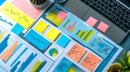 Colorful Office Workspace with Charts, Graphs and Sticky Notes