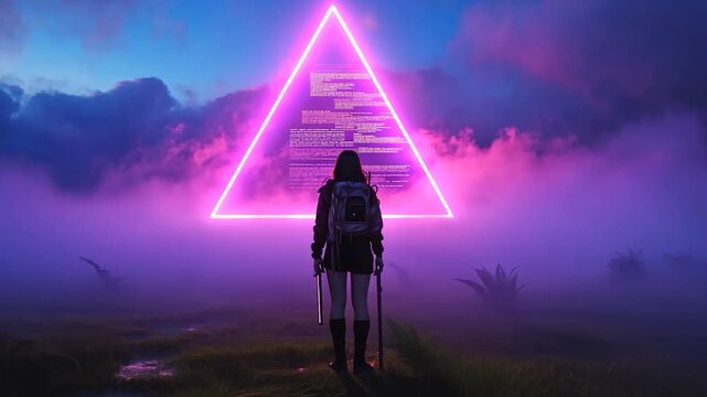 A hiker stands in a misty landscape, gazing at a glowing triangle with cryptic text
