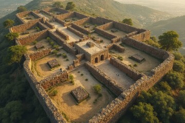Fortress on Hill with Stone Walls and Valley View