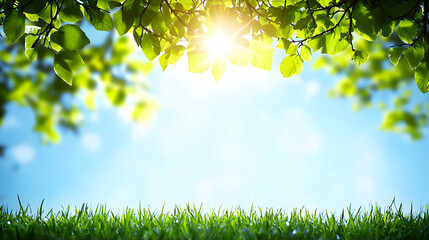 Obraz premium Bright Sunlight Through Green Leaves Over Grassy Field