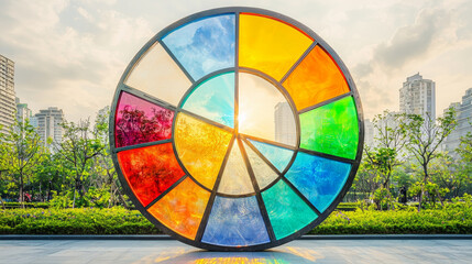 vibrant pie chart sculpture with colorful segments in public park