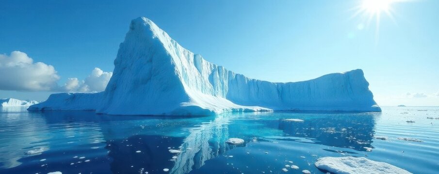 Grande iceberg flotando frente al cielo azul claro, cielo, sol