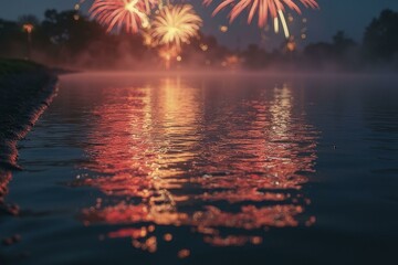 Serene Lake at Dusk with Fireworks Reflections and Silhouetted Trees