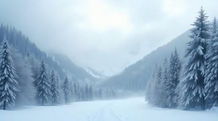 Serene Misty Mountain Landscape with Icy Trees
