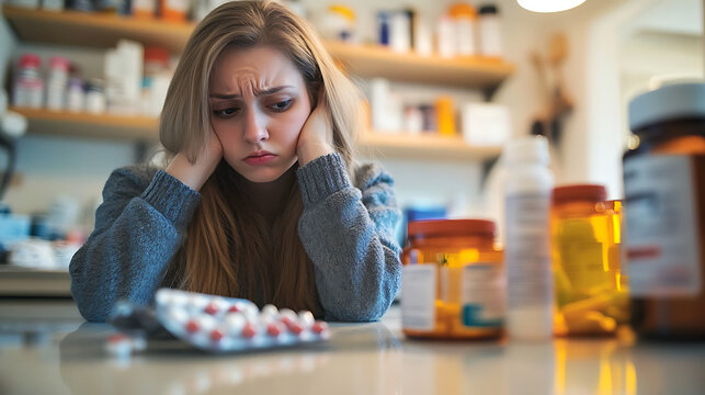 A woman looking at the cost of prescription medication without insurance, visibly worried (1)