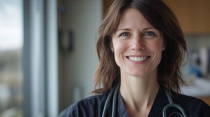 Fototapeta premium Smiling veterinarian with stethoscope embodies compassion and care in animal health.