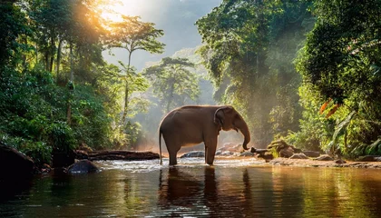 Poster de jardin  a massive elephant stands at the edge of a crystal-clear river  © ZTUDIOTOTO