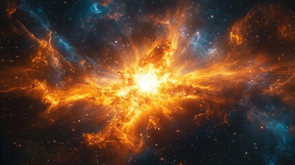 Space nebula image. Cosmos with bright light. Universe with stars and colorful clouds. Cosmic sky background. Star explosion with orange and blue light.