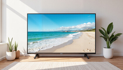 Beach landscape displayed on modern television in cozy room
