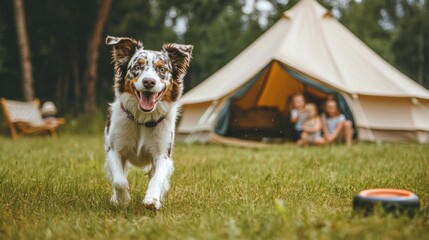 Happy Dog Running Towards Camera at Campsite