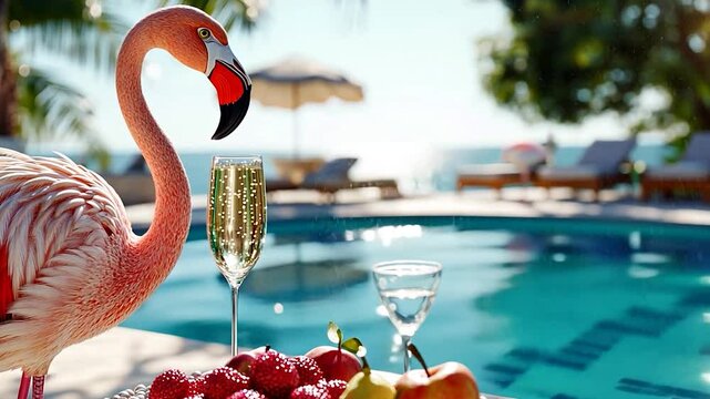 A vibrant flamingo beside refreshing drinks and fruits by a sunny poolside retreat
