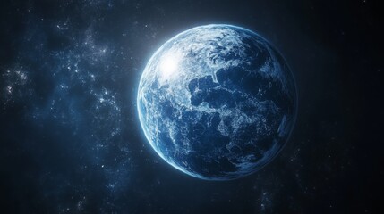 Blue planet view from space. Bright light above globe. Stars shine in background. Cold icy world in cosmos. Dark skies and light form an abstract view.