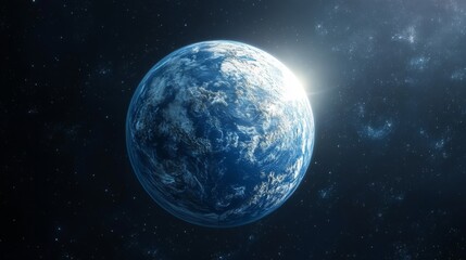 Obraz premium Blue planet earth view from space with sun light and stars. Galaxy background. Outer space scenery. Globe in cosmic scene.