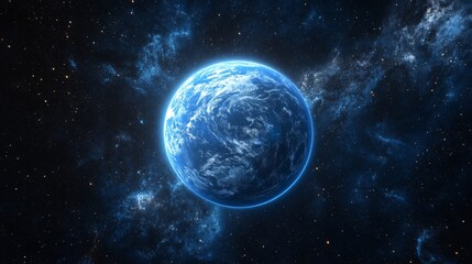Obraz premium Blue planet in dark space. A bright planet floats in the distance among stars and gas. Deep universe with celestial bodies and nebula clouds.