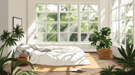 Cozy Bright Bedroom with Large Windows and Lush Green Plants