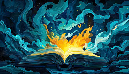 Open book, night sky, cosmic clouds, fantasy