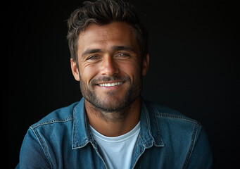 Fototapeta premium Smiling Man in Denim Shirt – Cinematic-Style Portrait Photography with Black Background, High-Quality Studio Shot, Professional Lighting, Perfect for Branding and Marketing Use