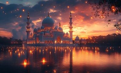 Fototapeta premium Majestic Mosque Illuminated at Dusk, Reflecting in Water with Glowing Lanterns and Vibrant Sunset Sky