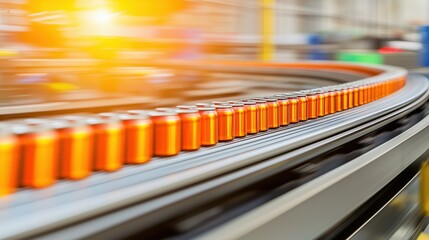 Dynamic Production Line of Cans in Beverage Factory with Sunlight Reflection, Focus on Industrial Machinery and Beverage Processing Concept