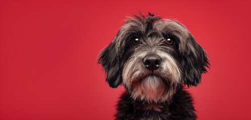 Polish Lowland Sheepdog dog on minimalistic colorful background with Copy Space. Perfect for banners, veterinary ads, pet food promotions, and minimalist designs.